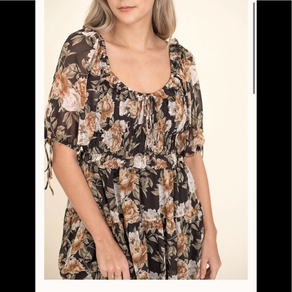 En Saison Meadow Poplin Puff-Sleeve Tiered Midi Dress (Elegant Floral) - Picture 3 of 4